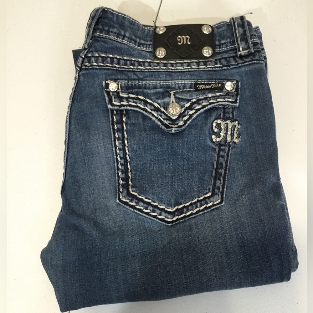 Vintage Miss Me Dark Blue Bootcut Jeans with Embellished Back Pocket